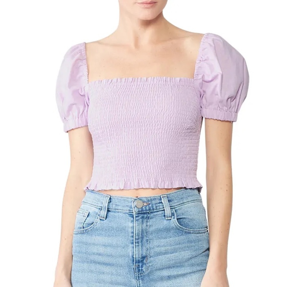 ASTR Mason Purple Smocked Crop Top with Ruffled Puff Sleeves
